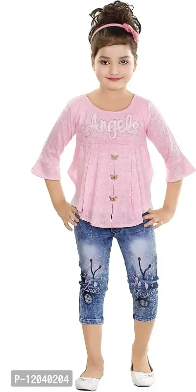 Atalia Girl's Cotton Blend Graphic Printed Western Wear Top and Jeans Set, Light Pink And Blue (Size: 8 - 9 Years); [P-ANGEL-32]