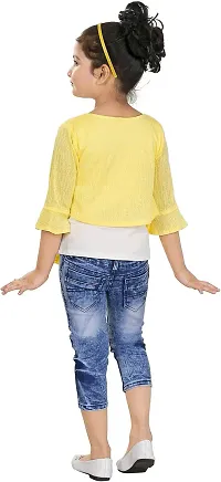 Atalia Girl's Cotton Blend Graphic Printed Western Wear Top and Jeans Set, Yellow And Blue (Size: 9 - 10 Years); [Y-ANGEL-34]-thumb1