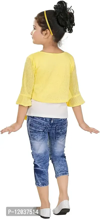 Atalia Girl's Cotton Blend Graphic Printed Western Wear Top and Jeans Set, Yellow And Blue (Size: 9 - 10 Years); [Y-ANGEL-34]-thumb2