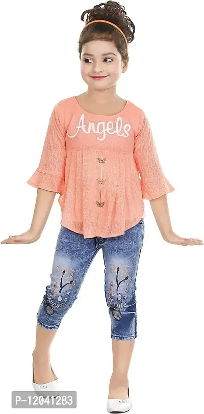 Atalia Girl's Cotton Blend Graphic Printed Western Wear Top and Jeans Set, Light Orange And Blue (Size: 9 - 10 Years); [T-ANGEL-34]