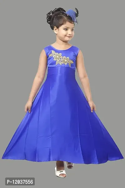 Atalia Girl's Pure Satin Sleeveless Maxi/Full Length Ethnic Wear Gown Dress, Blue (Size: 5-6 Years); [B-GOWN-26]-thumb0