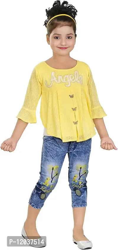 Atalia Girl's Cotton Blend Graphic Printed Western Wear Top and Jeans Set, Yellow And Blue (Size: 9 - 10 Years); [Y-ANGEL-34]