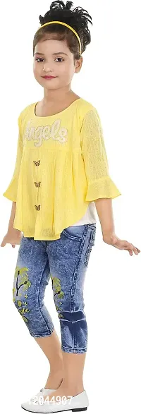 Atalia Girl's Cotton Blend Graphic Printed Western Wear Top and Jeans Set, Yellow And Blue (Size: 8 - 9 Years); [Y-ANGEL-32]-thumb3
