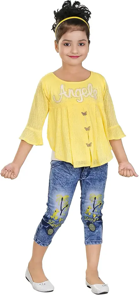 Atalia Girl's Cotton Blend Graphic Printed Western Wear Top and Jeans Set; [P-ANGEL-P]