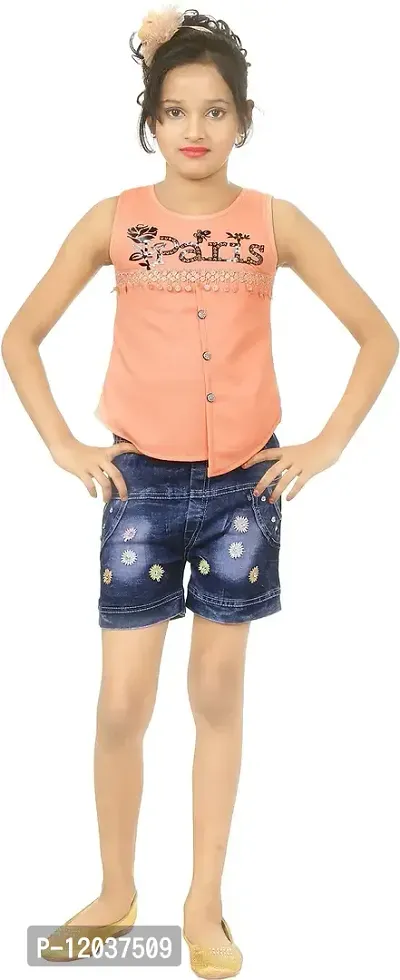 Atalia Girl's Cotton Blend Embroidered Top and Jeans Set, Peach (Size: 6-7 Years);[T-PARIS-28]-thumb0