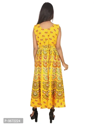 Doraya Women's Cotton Rajasthani Jaipuri Traditional Floral Printed Long Midi Maxi One Piece Dress (Yellow)-thumb3