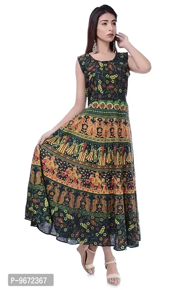 Doraya Women's Cotton Rajasthani Jaipuri Traditional Floral Printed Long Midi Maxi One Piece Dress (Green) (Green)-thumb2