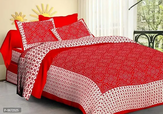 Doraya Queen Size Double Bed Sheet with Pillow Covers Pure Cotton Jaipuri Chunari Printed Bedcover (Red)-thumb3