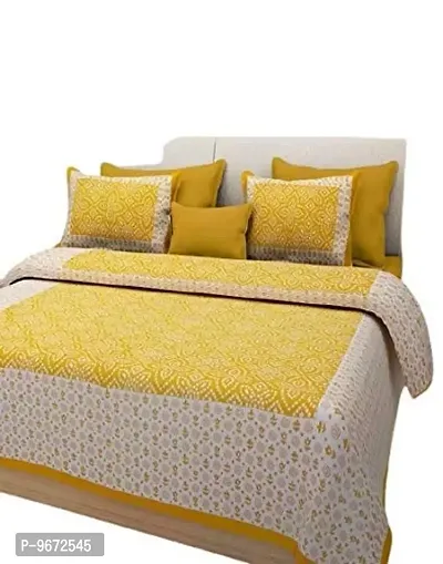 Doraya Queen Size Double Bed Sheet with Pillow Covers Pure Cotton Jaipuri Chunari Printed Bedcover (Yellow)-thumb3