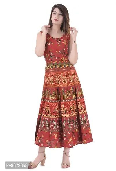 Doraya Women's Cotton Rajasthani Jaipuri Traditional Floral Printed Long Midi Maxi One Piece Dress (Red)