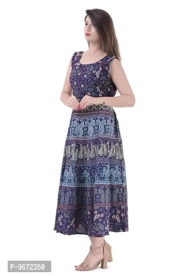 Doraya Women's Cotton Rajasthani Jaipuri Traditional Floral Printed Long Midi Maxi One Piece Dress (Blue)-thumb3