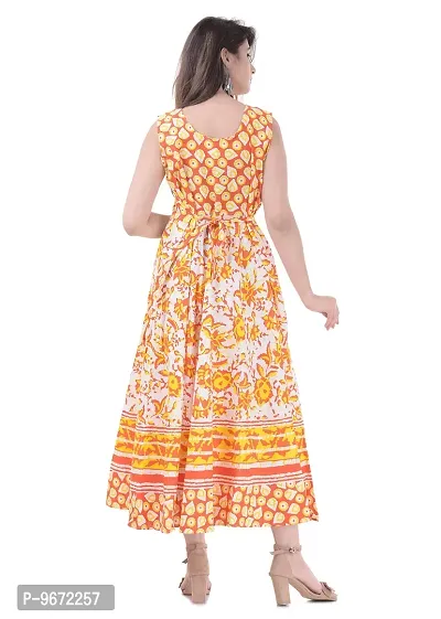 Doraya Women's Cotton Rajasthani Jaipuri Traditional Floral Printed Long Midi Maxi One Piece Dress (Yellow)-thumb3