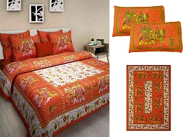 Doraya King Size Double Bed Sheet with Pillow Covers Pure Cotton Traditional Jaipuri Printed Bedcover (Orange, King)-thumb3