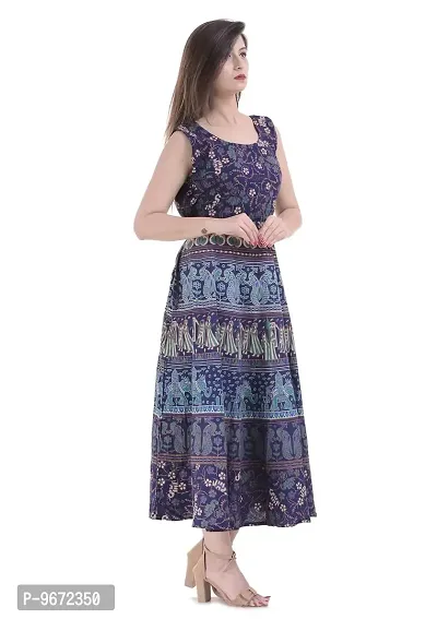 Doraya Women's Cotton Rajasthani Jaipuri Traditional Floral Printed Long Midi Maxi One Piece Dress (Blue)-thumb2