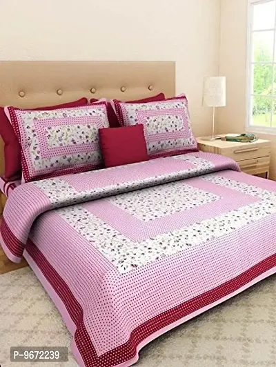 Doraya King Size Double Bed Sheet with Pillow Covers Pure Cotton Traditional Jaipuri Printed Bedcover (Pink, King)-thumb0