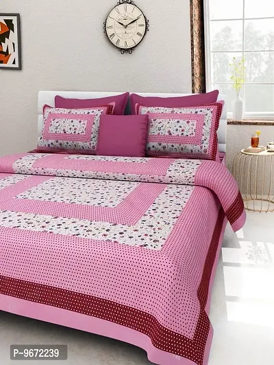 Doraya King Size Double Bed Sheet with Pillow Covers Pure Cotton Traditional Jaipuri Printed Bedcover (Pink, King)-thumb3