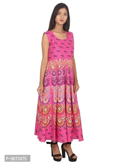 Doraya Women's Cotton Rajasthani Jaipuri Traditional Floral Printed Long Midi Maxi One Piece Dress (Pink)-thumb4