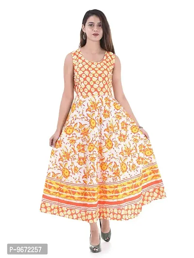 Doraya Women's Cotton Rajasthani Jaipuri Traditional Floral Printed Long Midi Maxi One Piece Dress (Yellow)-thumb0