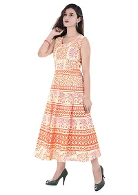 Doraya Women's Cotton Rajasthani Jaipuri Traditional Floral Printed Long Midi Maxi One Piece Dress (Orange)-thumb1