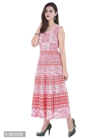 Doraya Women's Cotton Rajasthani Jaipuri Traditional Floral Printed Long Midi Maxi One Piece Dress (Pink)-thumb3