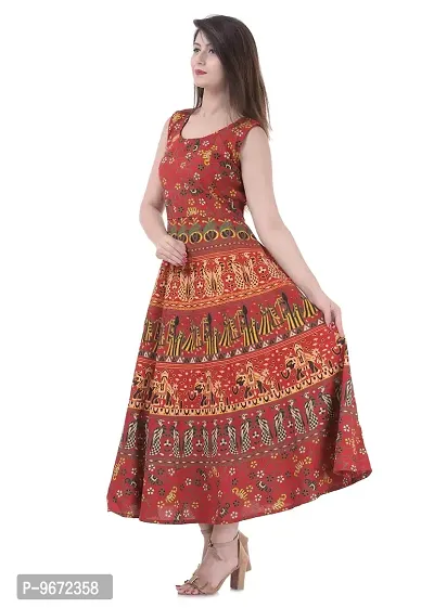 Doraya Women's Cotton Rajasthani Jaipuri Traditional Floral Printed Long Midi Maxi One Piece Dress (Red)-thumb2