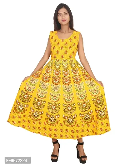 Doraya Women's Cotton Rajasthani Jaipuri Traditional Floral Printed Long Midi Maxi One Piece Dress (Yellow)-thumb0