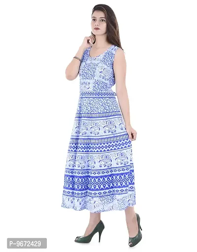 Doraya Women's Cotton Rajasthani Jaipuri Traditional Floral Printed Long Midi Maxi One Piece Dress (Blue)-thumb3