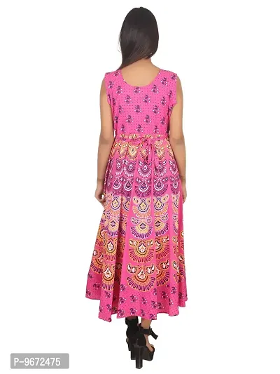 Doraya Women's Cotton Rajasthani Jaipuri Traditional Floral Printed Long Midi Maxi One Piece Dress (Pink)-thumb3