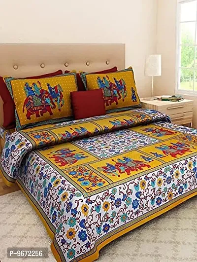 Doraya King Size Double Bed Sheet with Pillow Covers Pure Cotton Traditional Jaipuri Printed Bedcover (Yellow, King)-thumb0