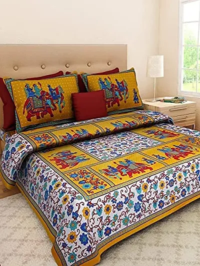 Doraya Queen Size Double Bed Sheet with Pillow Covers Pure Cotton Traditional Jaipuri Printed Bedcover