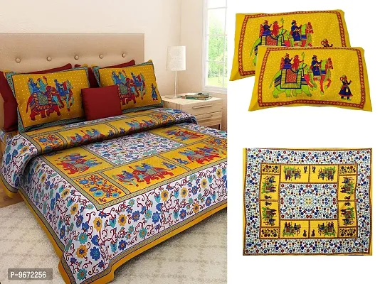 Doraya King Size Double Bed Sheet with Pillow Covers Pure Cotton Traditional Jaipuri Printed Bedcover (Yellow, King)-thumb4