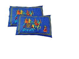 Doraya King Size Double Bed Sheet with Pillow Covers Pure Cotton Traditional Jaipuri Printed Bedcover (Blue, King)-thumb1