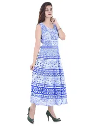 Doraya Women's Cotton Rajasthani Jaipuri Traditional Floral Printed Long Midi Maxi One Piece Dress (Blue)-thumb1