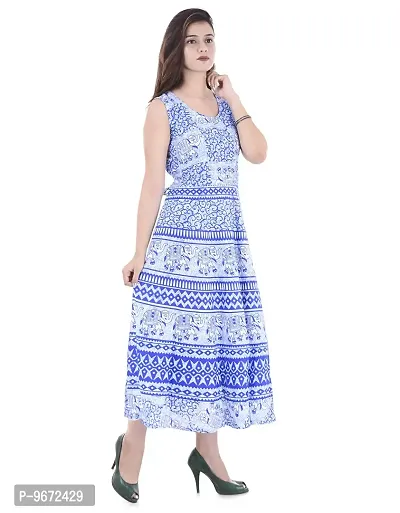 Doraya Women's Cotton Rajasthani Jaipuri Traditional Floral Printed Long Midi Maxi One Piece Dress (Blue)-thumb2