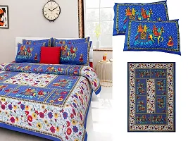 Doraya King Size Double Bed Sheet with Pillow Covers Pure Cotton Traditional Jaipuri Printed Bedcover (Blue, King)-thumb3