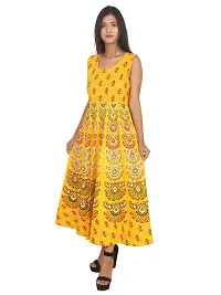 Doraya Women's Cotton Rajasthani Jaipuri Traditional Floral Printed Long Midi Maxi One Piece Dress (Yellow)-thumb3