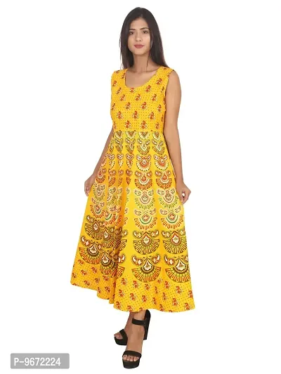 Doraya Women's Cotton Rajasthani Jaipuri Traditional Floral Printed Long Midi Maxi One Piece Dress (Yellow)-thumb4