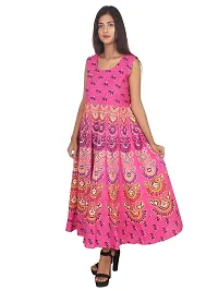 Doraya Women's Cotton Rajasthani Jaipuri Traditional Floral Printed Long Midi Maxi One Piece Dress (Pink)-thumb1