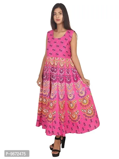 Doraya Women's Cotton Rajasthani Jaipuri Traditional Floral Printed Long Midi Maxi One Piece Dress (Pink)-thumb2