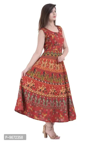 Doraya Women's Cotton Rajasthani Jaipuri Traditional Floral Printed Long Midi Maxi One Piece Dress (Red)-thumb3