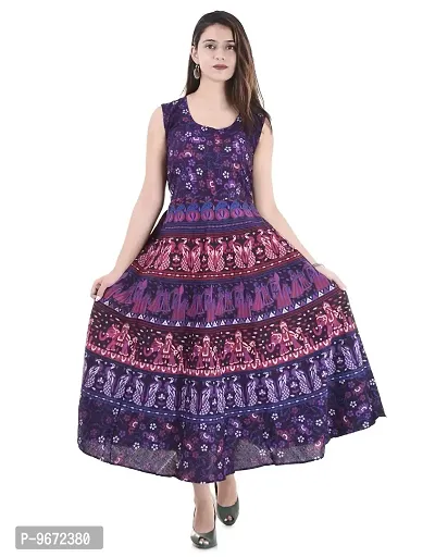 Doraya Women's Cotton Rajasthani Jaipuri Traditional Floral Printed Long Midi Maxi One Piece Dress (Purple)-thumb0