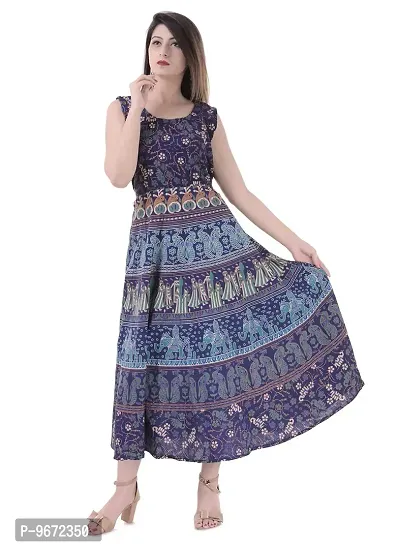 Doraya Women's Cotton Rajasthani Jaipuri Traditional Floral Printed Long Midi Maxi One Piece Dress (Blue)