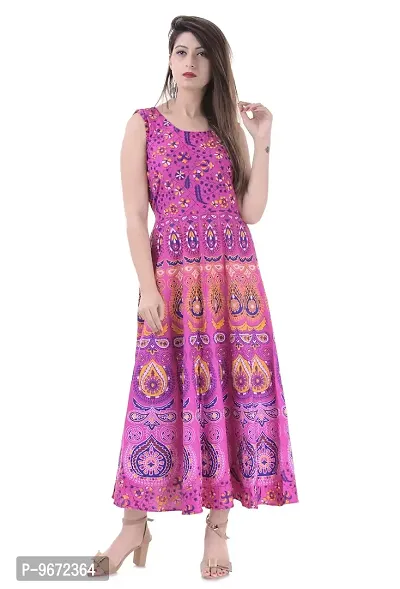 Doraya Women's Cotton Rajasthani Jaipuri Traditional Floral Printed Long Midi Maxi One Piece Dress (Pink)
