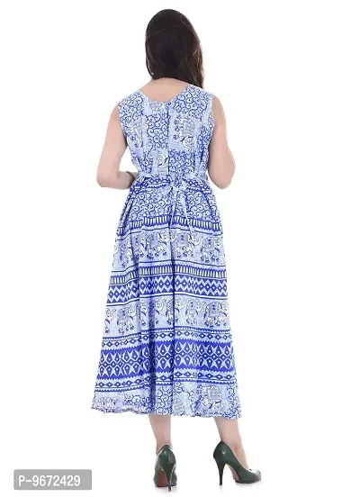 Doraya Women's Cotton Rajasthani Jaipuri Traditional Floral Printed Long Midi Maxi One Piece Dress (Blue)-thumb4