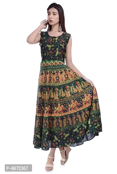 Doraya Women's Cotton Rajasthani Jaipuri Traditional Floral Printed Long Midi Maxi One Piece Dress (Green) (Green)