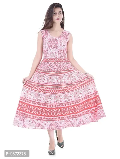 Doraya Women's Cotton Rajasthani Jaipuri Traditional Floral Printed Long Midi Maxi One Piece Dress (Pink)