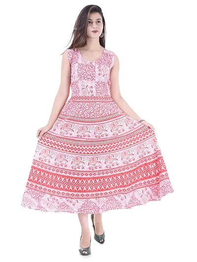 Doraya Women's Cotton Rajasthani Jaipuri Traditional Floral Printed Long Midi Maxi One Piece Dress