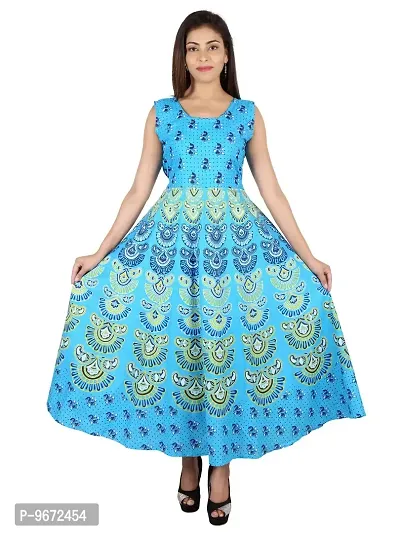 Doraya Women's Cotton Rajasthani Jaipuri Traditional Floral Printed Long Midi Maxi One Piece Dress (Blue)