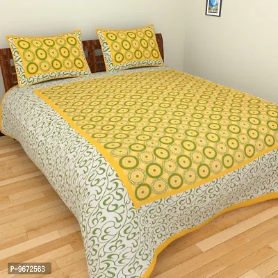 Doraya Queen Size Double Bed Sheet with Pillow Covers Pure Cotton Jaipuri Printed Bedcover (Yellow)-thumb5