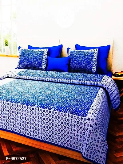 Doraya Queen Size Double Bed Sheet with Pillow Covers Pure Cotton Jaipuri Chunari Printed Bedcover (Blue)-thumb0